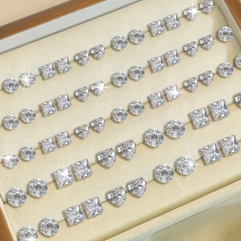 72-Piece Sparkling Zircon Stud Earrings Set – Geometric Heart Round Square CZ Crystal Earring Pack for Women Men Hypoallergenic Fashion Jewelry Gift Birthday Valentine's Day