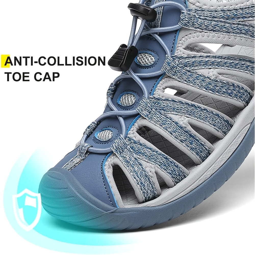 Women's Closed Toe Hiking Sandals, Lightweight Non-Slip Water Sandals with Adjustable Bungee Lace & Hook-Loop Strap, Breathable Athletic Sport Outdoor Shoes for Beach Camping Fishing Travel Walking