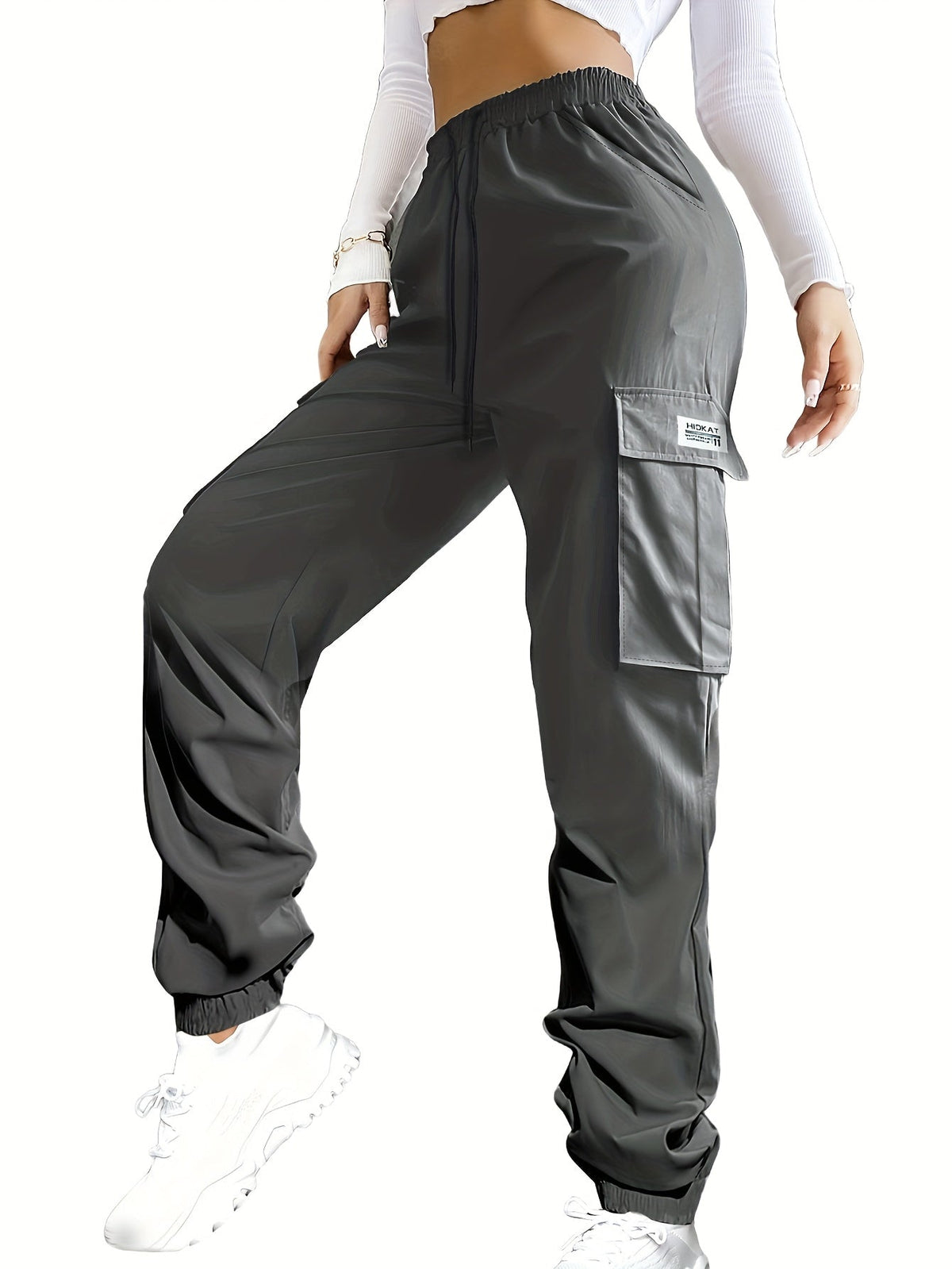 Women's Cargo Pants with Zippered Pockets – Elastic Drawstring Waist Large Pocket Casual Outdoor Trousers Black Grey Green Blue XS-XXL