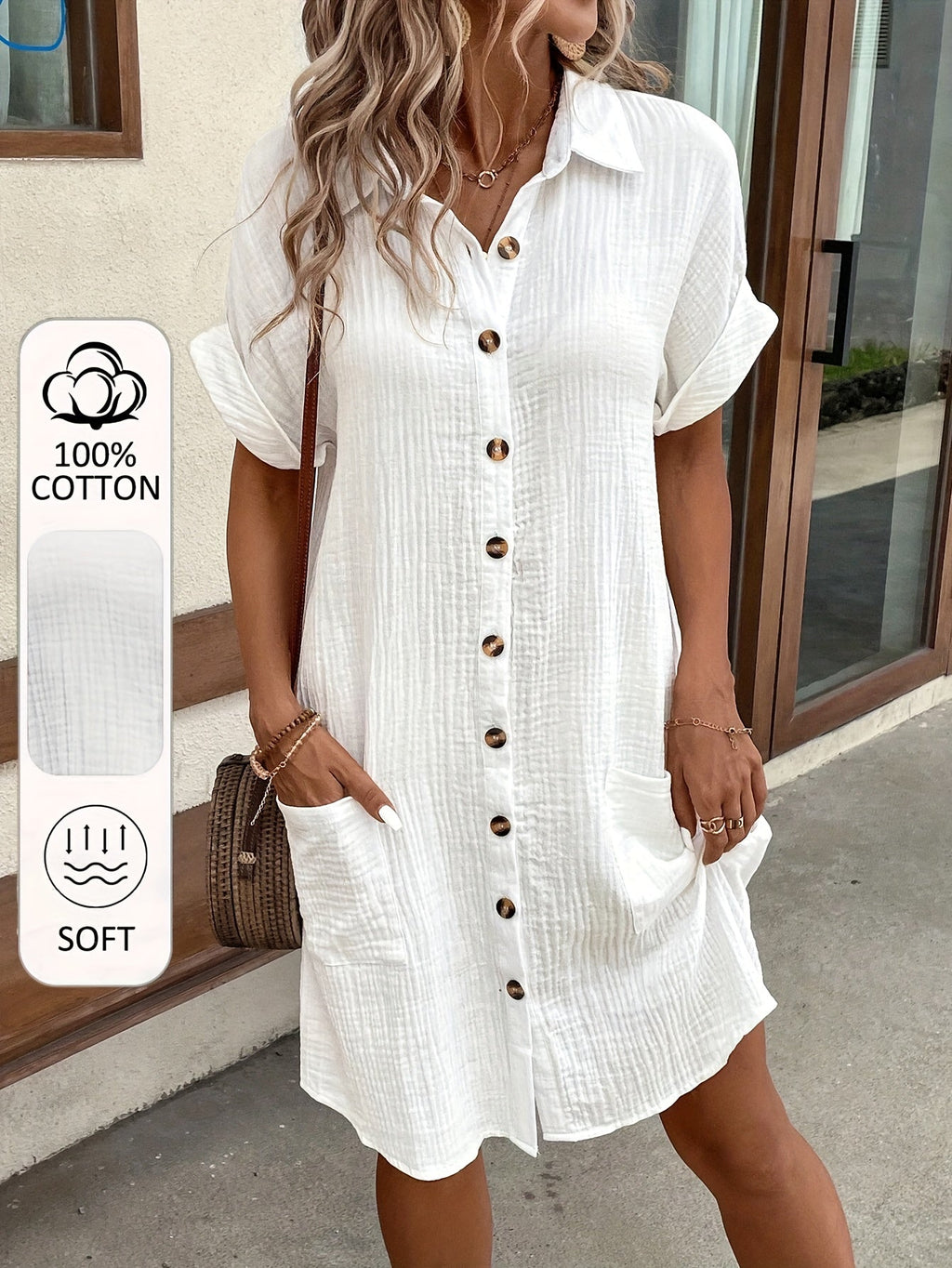 Women's V-Neck Short Sleeve A-Line Shirt Dress – Button-Front Soft Breathable Casual Semi-Formal Blouse Dress 5 Colors White Black Green Blue S-XXL