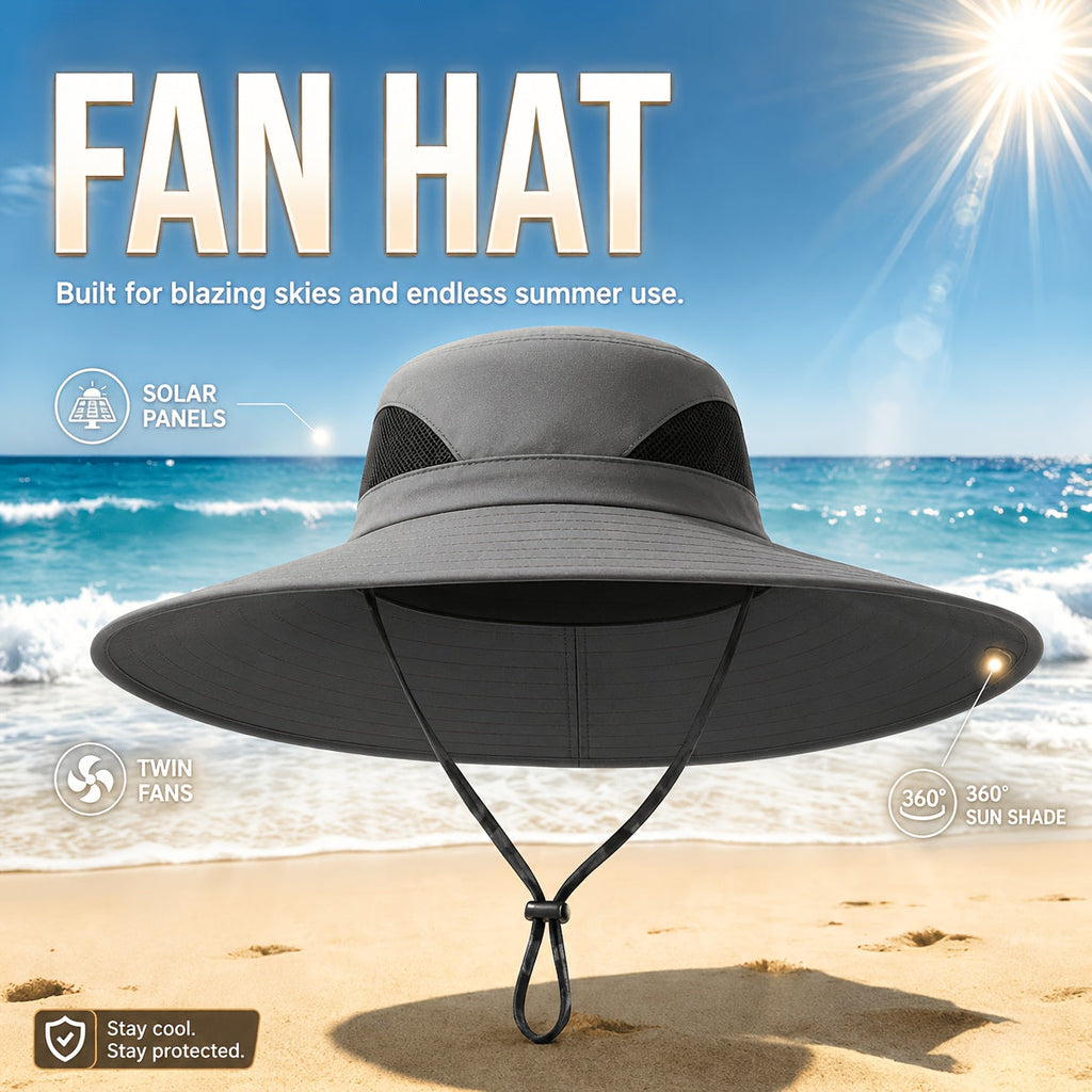 Solar Powered Cooling Fan Wide Brim Sun Hat with 2 Built-In Solar Fans – Adjustable Wind Speed Breathable Mesh UV Protection Outdoor Hat with Chin Strap for Fishing Camping & Hiking