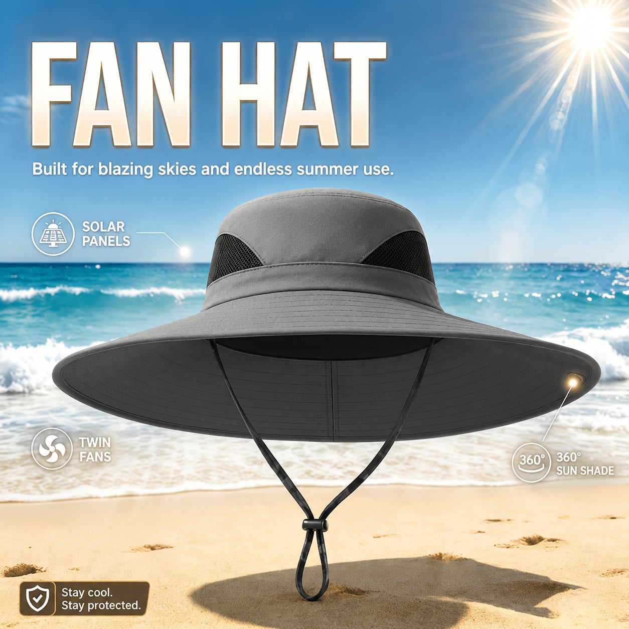 Solar Powered Cooling Fan Wide Brim Sun Hat with 2 Built-In Solar Fans – Adjustable Wind Speed Breathable Mesh UV Protection Outdoor Hat with Chin Strap for Fishing Camping & Hiking