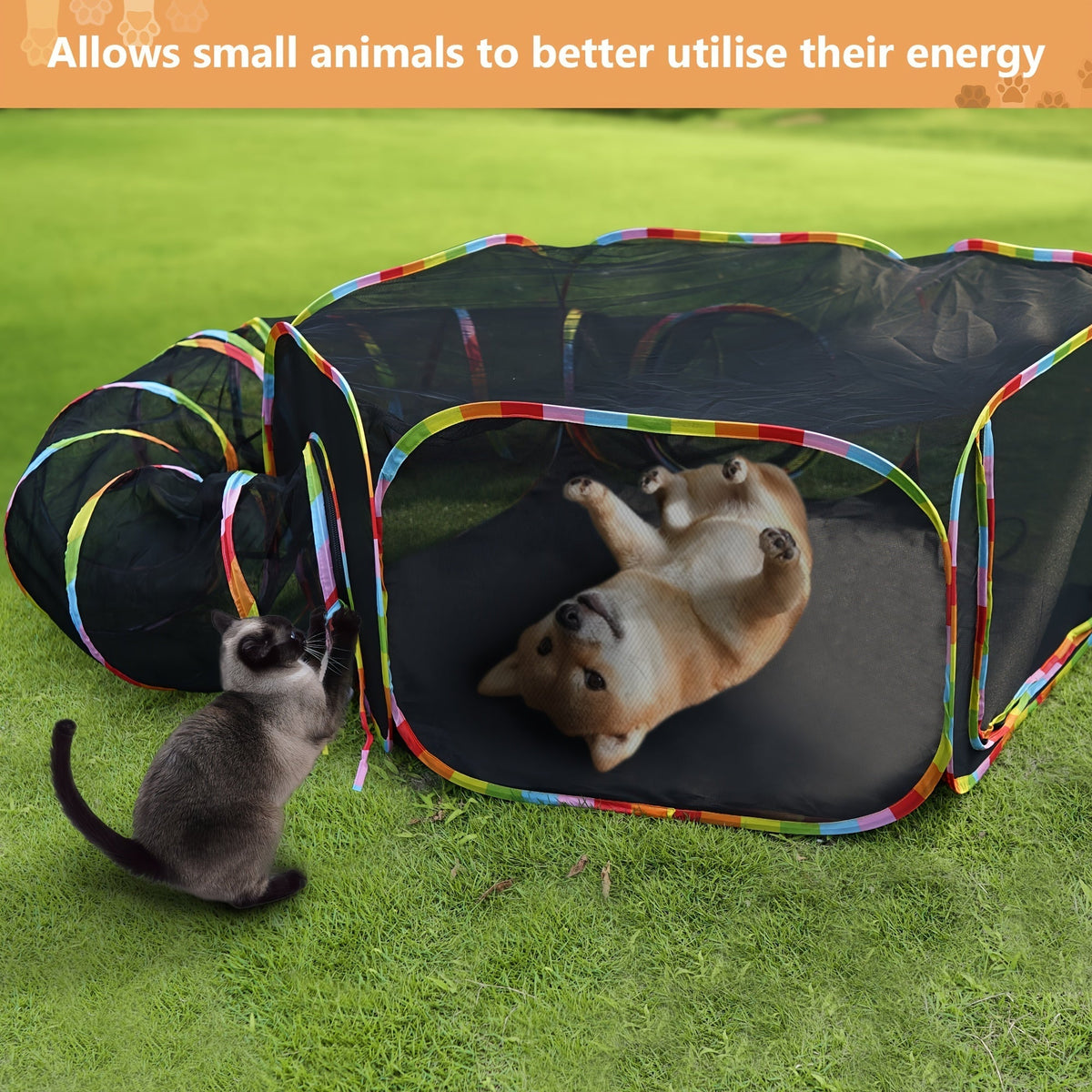 Rainbow Cat Playpen Outdoor Cat Enclosure with Circle Tunnel Portable Pop-Up Tent Foldable Cat Playground for Cats Kittens Rabbits Small Animals Indoor Outdoor Safe Exercise Space