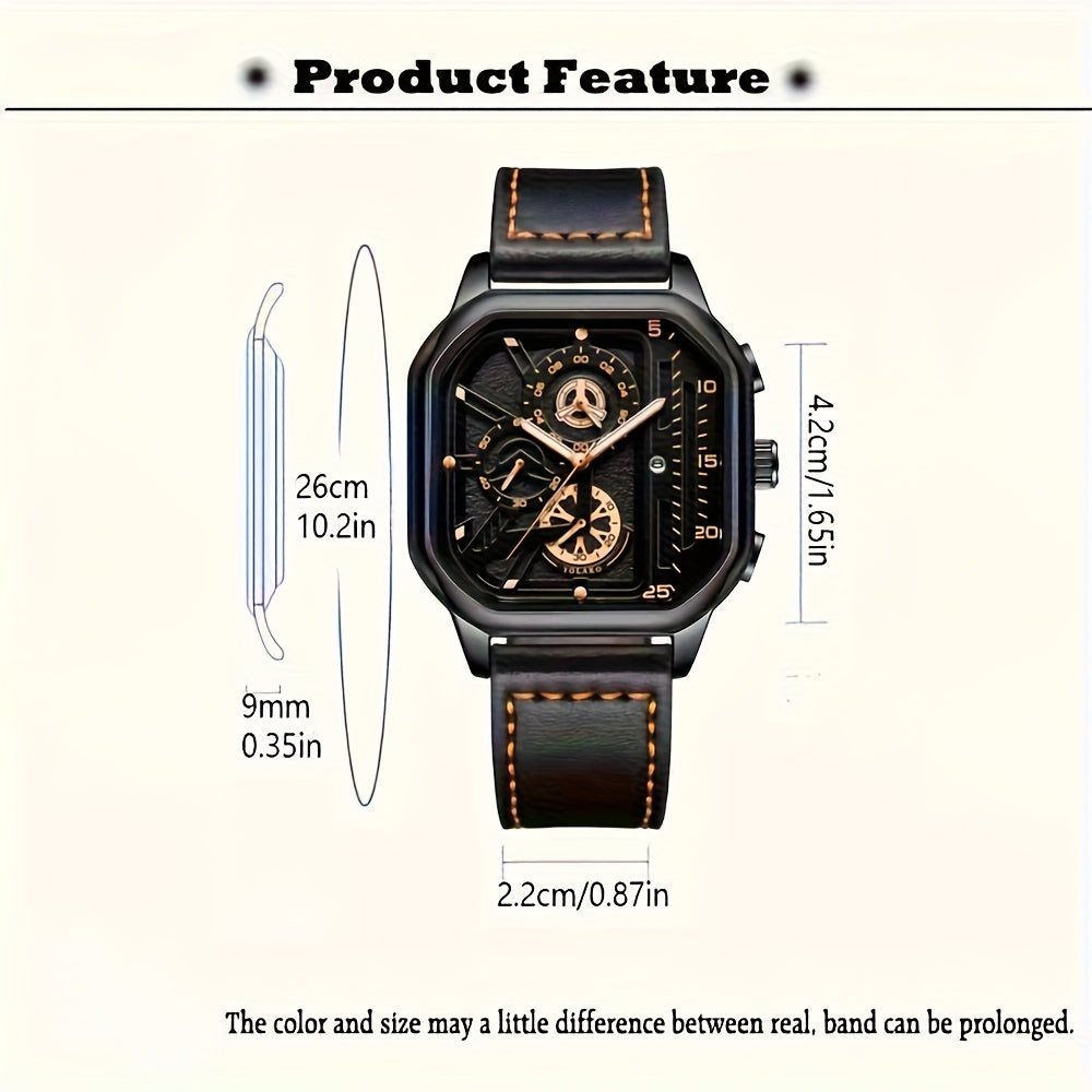 2pcs Men's Watch Set Sports Triangle Dial Silicone Strap and Retro Square Dial Quartz Watches with Date Display Dress Watch for Casual Valentine's Father's Day Gift