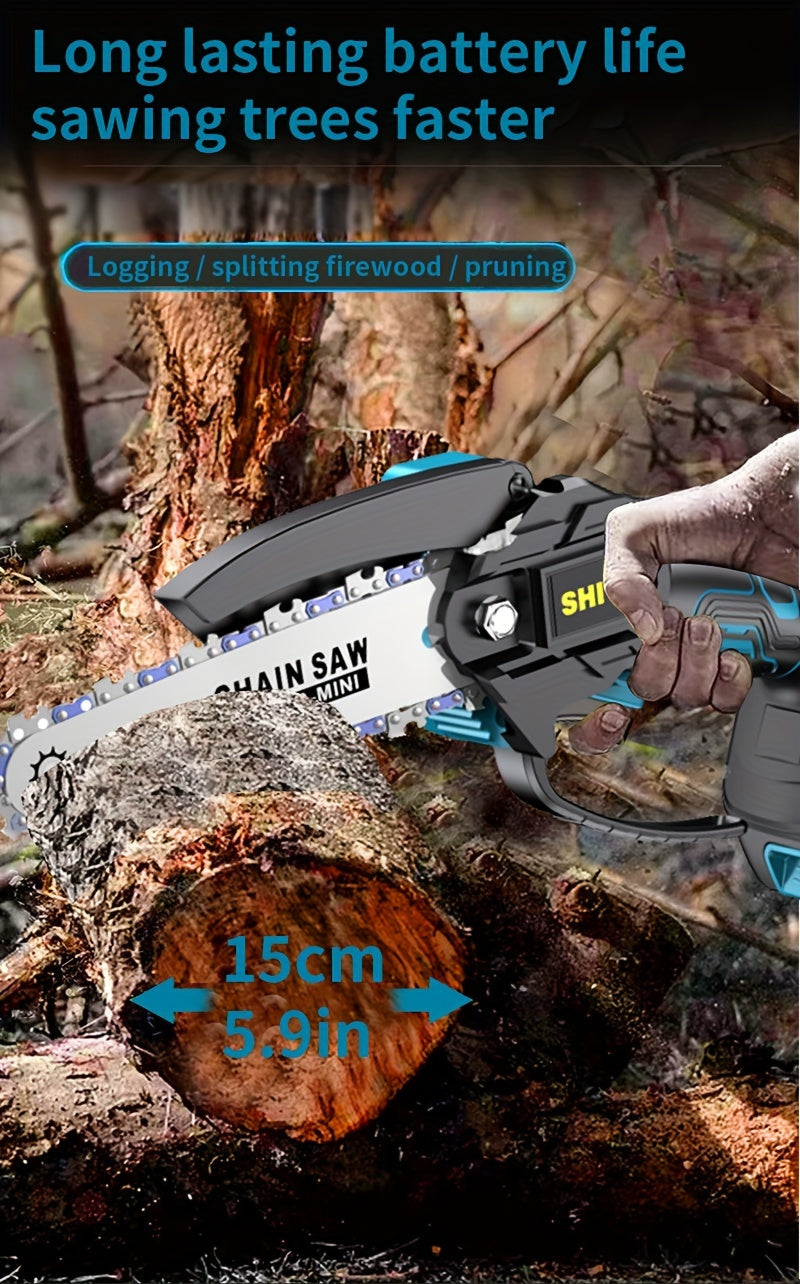 Mini Cordless Chainsaw Portable Handheld Electric Tree Cutter with Splash Guard Security Lock Rechargeable Battery for Garden Yard Branch Pruning