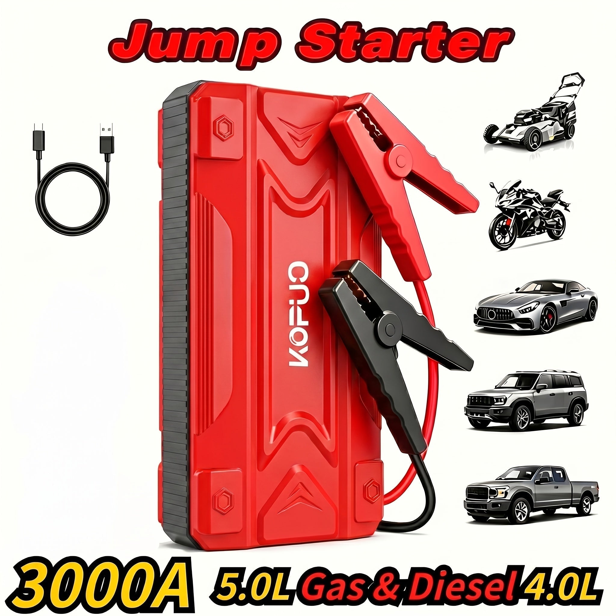 Portable Car Jump Starter 20000A Peak 7-in-1 with 150PSI Air Compressor Tire Inflator Power Bank LED Flashlight LCD Display Safety Hammer for 12V Gas Diesel Engines Roadside Emergency Kit