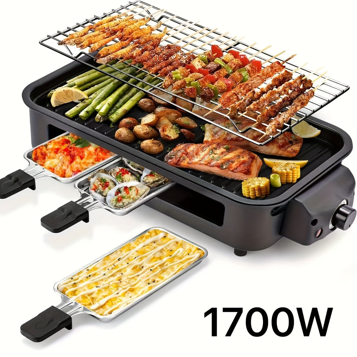 Indoor Electric Smokeless Grill with Raclette – 1700W Non-Stick BBQ Griddle, 3 Raclette Pans, Dishwasher Safe Stainless Steel, Adjustable Temp, Perfect for Home Cooking & Entertaining