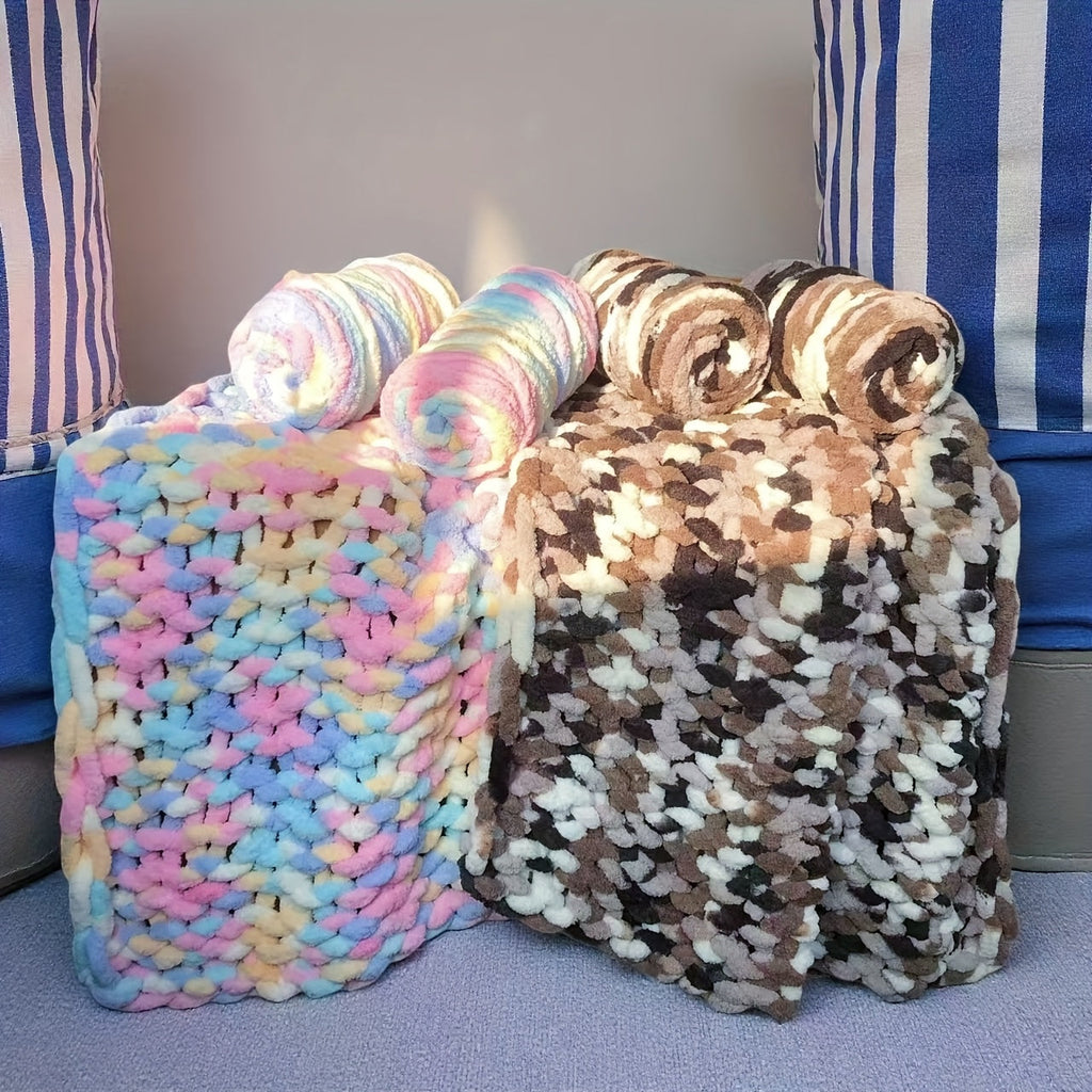 Chunky Chenille Yarn 2 Skeins 500g Hand Knitting Blanket Crochet Multicolor Striped Soft Polyester Extra Thick Plush DIY Gift for Women Men