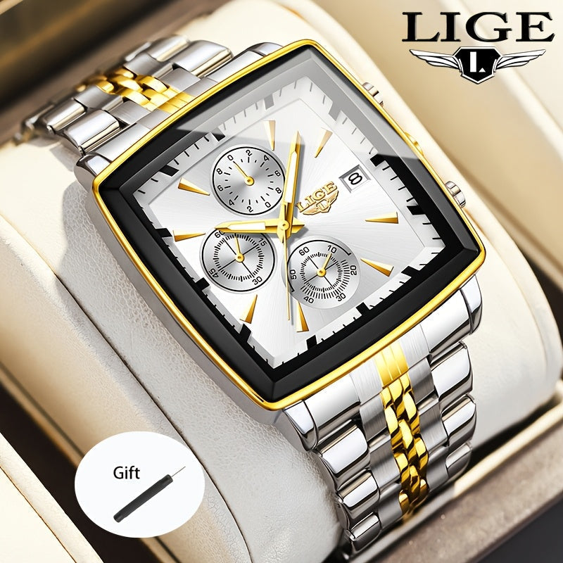 LIGE Men's Square Quartz Watch Stainless Steel Strap Calendar Display – Preppy Sport Fashion Wristwatch 8 Colors Rose Gold Black Blue, Birthday Graduation Gift for Men Teens
