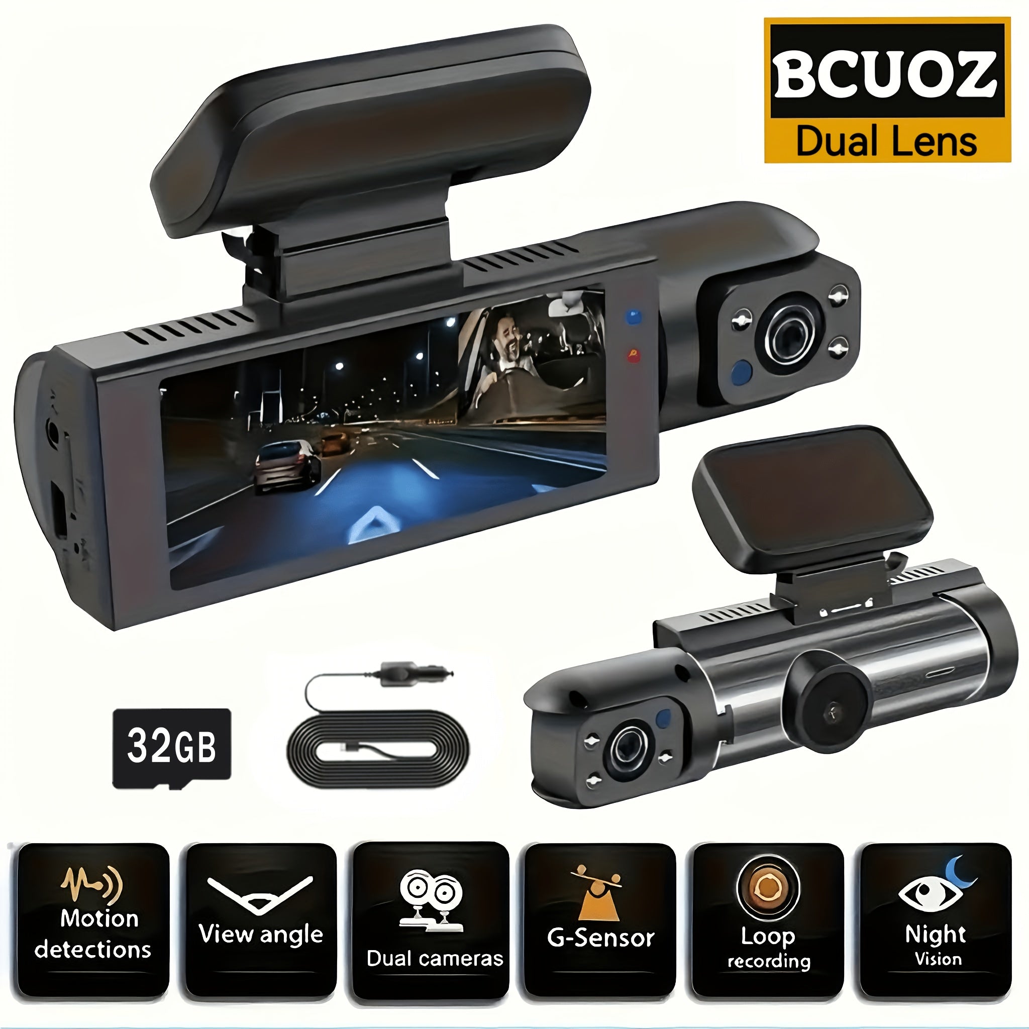Dash Cam Front and Interior 1080P Front 720P Cabin IR Night Vision Loop Recording Wide Angle Car DVR Camera 3.16 Inch IPS Screen Optional 32GB SD Card for Cars Rideshare Uber Lyft Taxi New Drivers