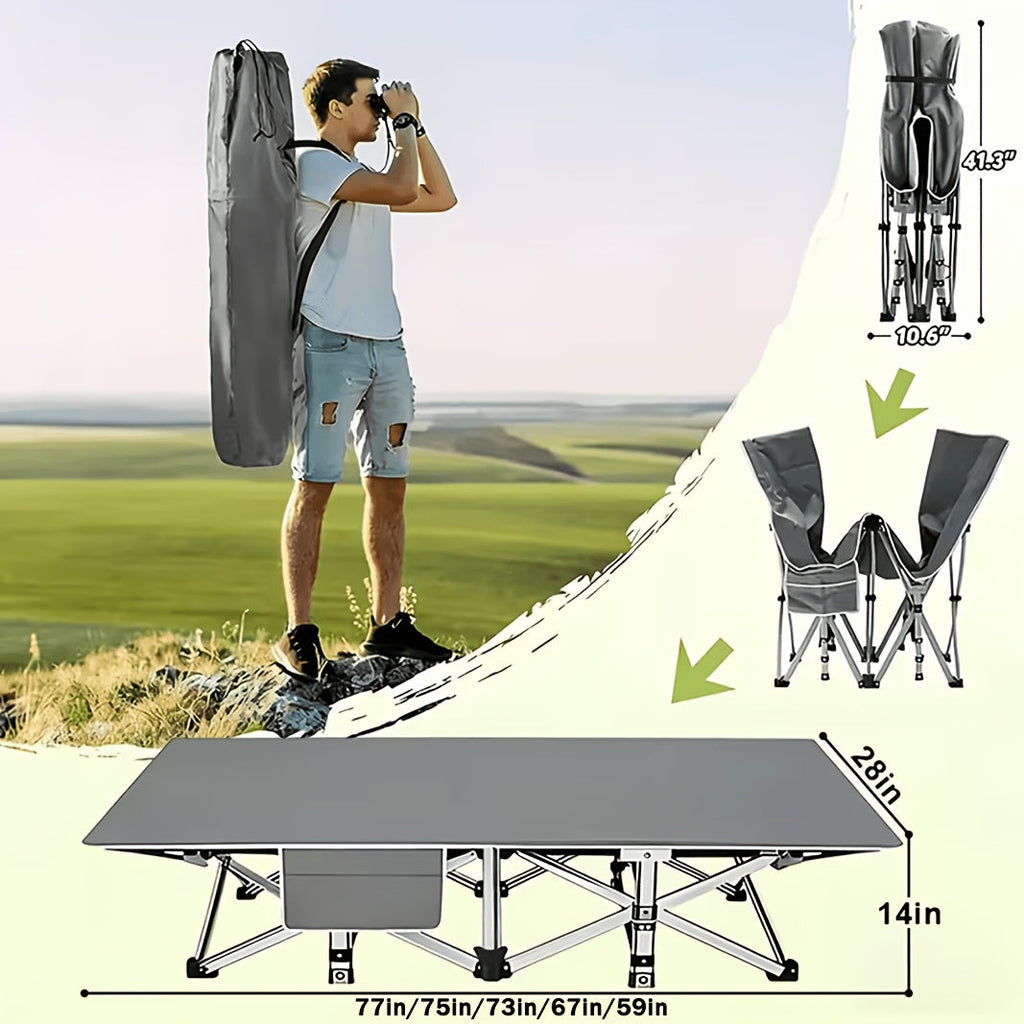Heavy Duty Folding Camping Cot up to 700LBS – Extra Large 59"/75" Thickened Folding Bed with Mattress, Ergonomic Sturdy Frame, Portable Guest Bed & Patio Sofa for Camping, Hiking & Home Use – Black & Gray