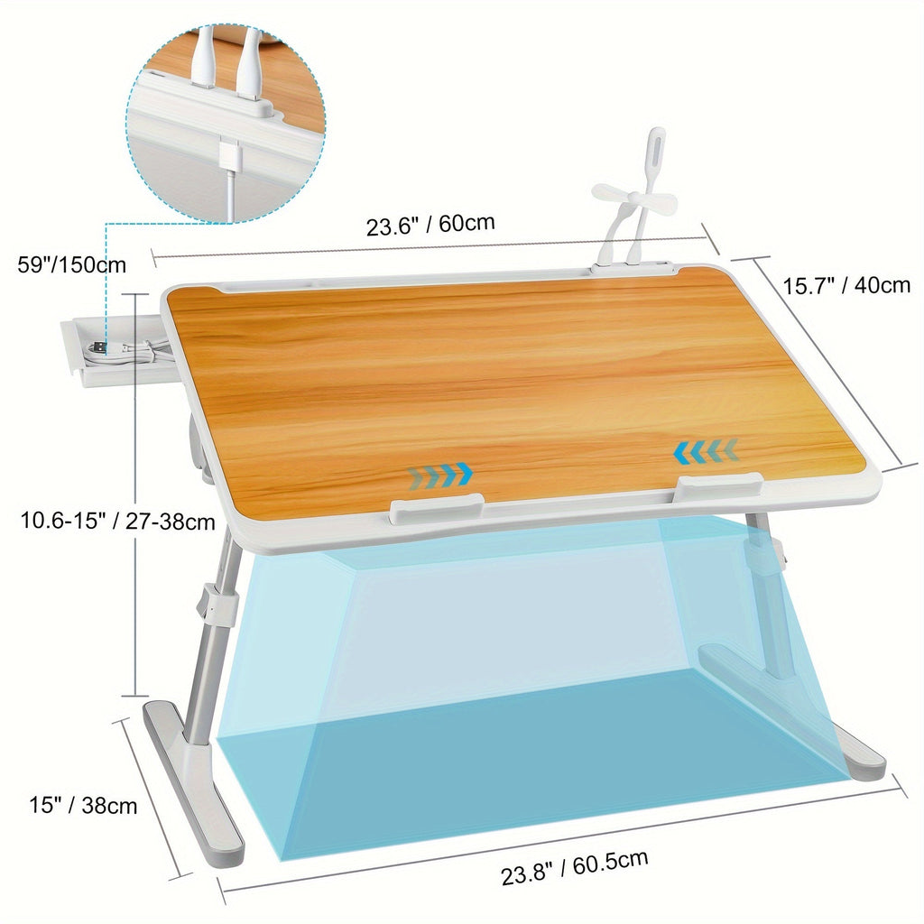 Lap Desk with USB Light Fan & Storage Drawer – Adjustable Portable Laptop Bed Tray Table for Bed Couch Sofa, Laptop Stand for Reading Writing Eating, 10 Colors & Sizes