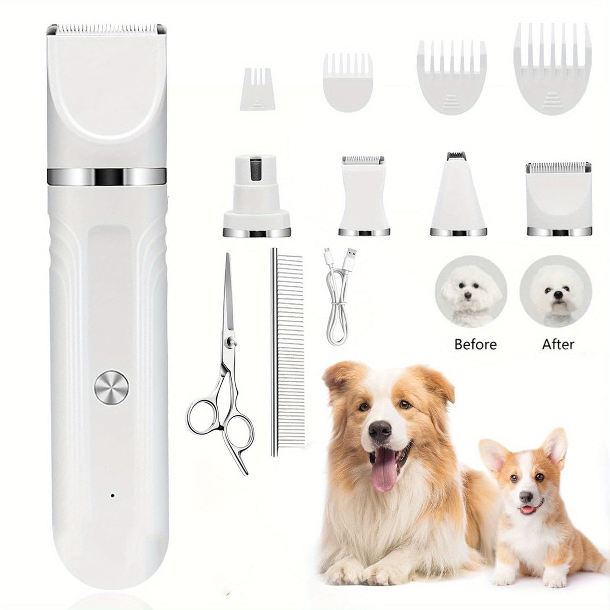 6-in-1 Rechargeable Pet Grooming Kit for Dogs Cats Cordless Hair Clipper Steel Scissors Comb Shaver Set for Thick Heavy Coats USB Charging 50-Min Runtime Blue White