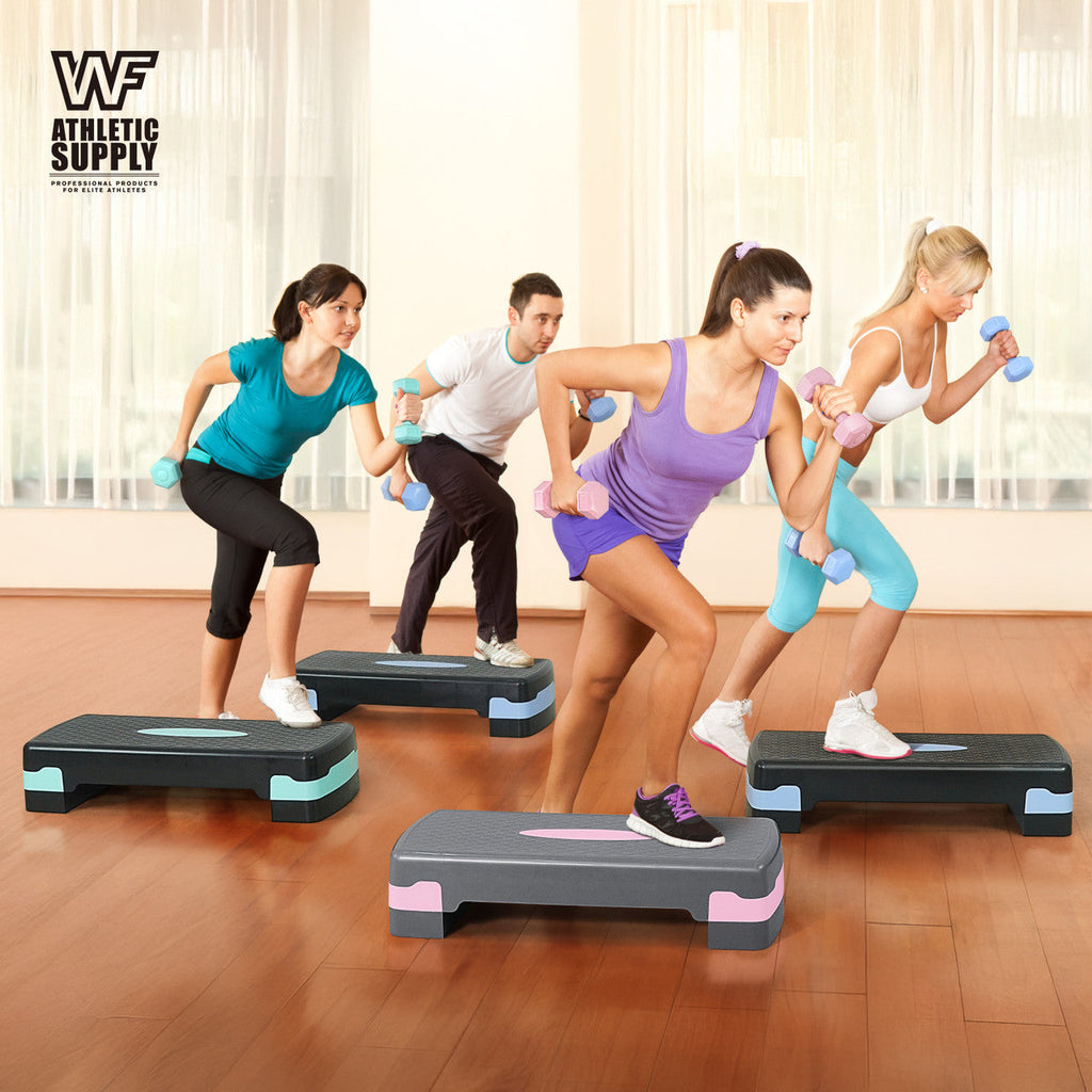 Adjustable Height Aerobic Stepper Set with 2 Dumbbells & Measuring Tape, Non-Slip Exercise Step Platform with Level Risers, 550 LB Capacity, Home Gym Workout Equipment – 3 Colors