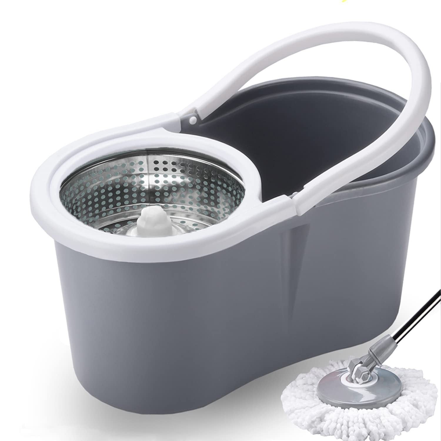 360° Spin Mop and Bucket Set with Wringer – Microfiber Mop Refills Stainless Steel Extended Handle Separate Compartment Floor Cleaning System for Hardwood Tile Laminate, Upgrade Option with 2 Refills