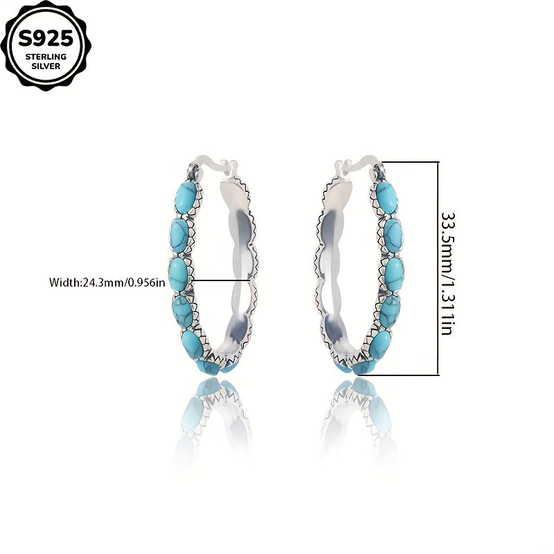 925 Sterling Silver Turquoise Stud Earrings for Women – Bohemian Retro Hypoallergenic Gemstone Studs Daily Wear Boho Jewelry Gift for Ladies Mother's Day Valentine's Day Birthday Anniversary