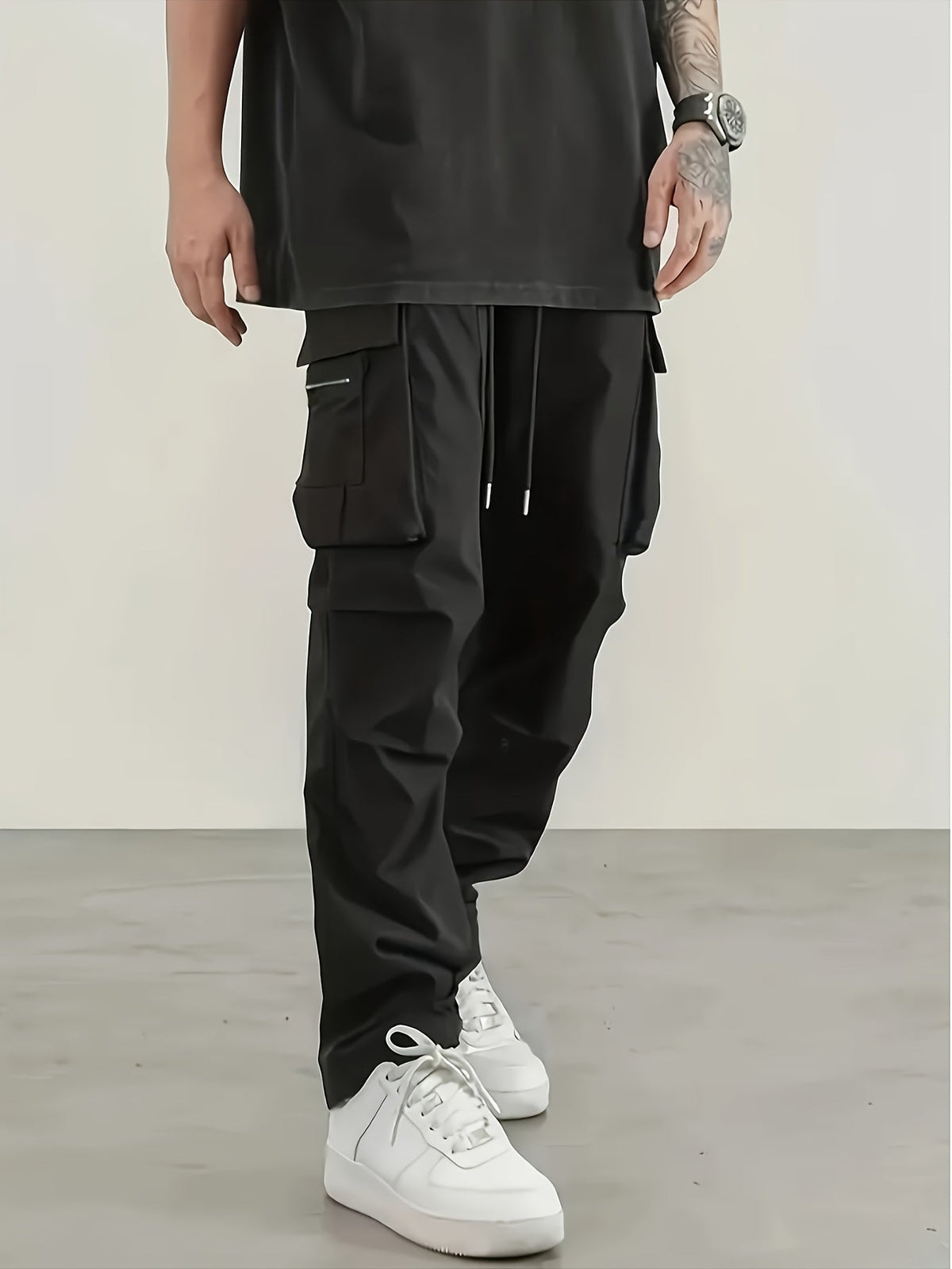 Men's Cargo Pants 2-Pack Multi-Pocket Elastic Waist Drawstring Hiking Trousers Breathable Loose Straight Fit All Season Black Khaki Dark Grey Sizes S-XXL