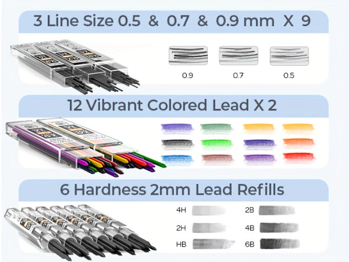 Nicpro 34-Piece Art Mechanical Pencil Set 6 Metal Drafting Pencils 0.5 0.7 0.9 2mm 19 Refill Leads 6B to H Erasers Storage Case Sketching Drawing Artists Students