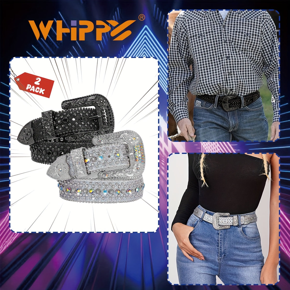 Rhinestone Belt Unisex Western Cowgirl Bling Faux Leather Removable Buckle – Sparkling Adjustable Waist Belt for Women Men 13 Colors Sizes S-XL Party Festival Halloween Christmas Gift