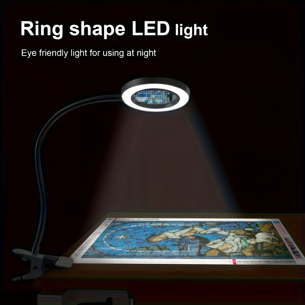 Diamond Painting Magnifier LED Clamp Lamp 10X Hands-Free 5V USB 3 Color Modes 10 Brightness Levels 18'' Flexible Gooseneck for Crafts Sewing Jewelry Making Embroidery Reading Hobby Desk Light