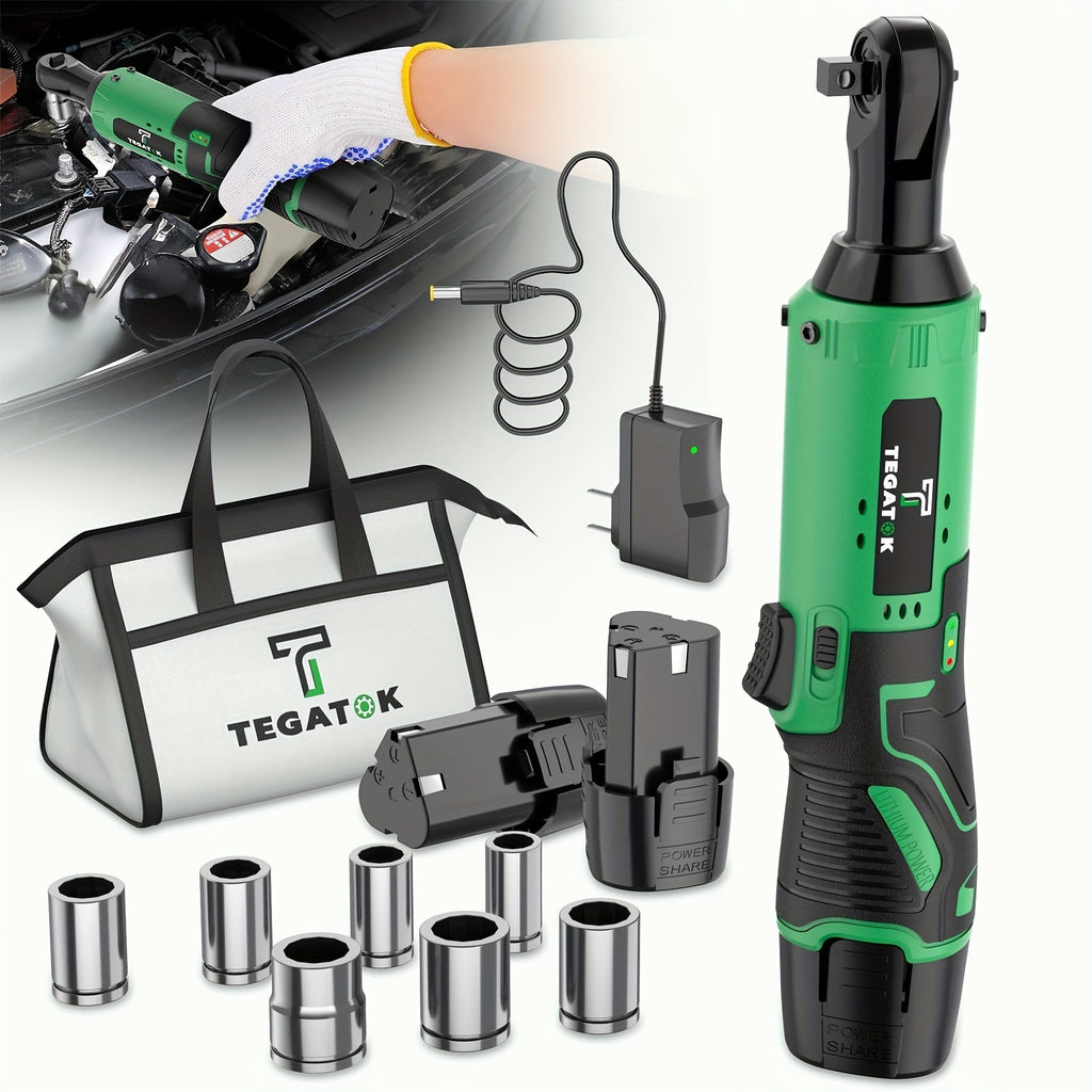12V Cordless Ratchet Wrench Set 3/8 Drive 40 Ft-lbs Variable Speed – Fast Charge Lithium-Ion 7 Sockets for Automotive Repair DIY & Home Maintenance