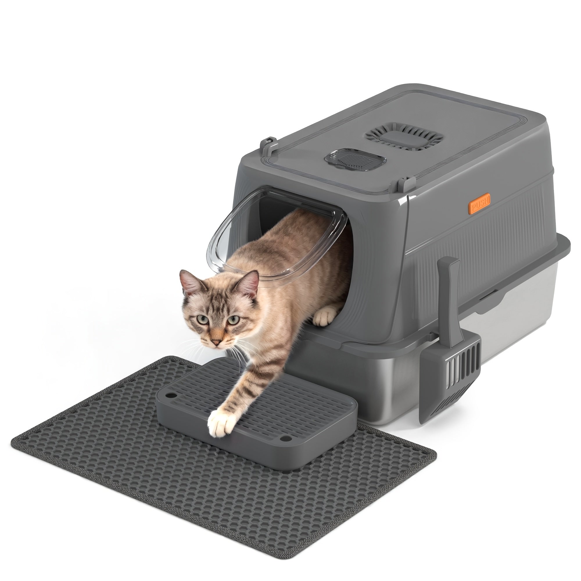 Oversized Enclosed Stainless Steel Cat Litter Box with Lid, Collapsible Anti-Splash Covered Indoor Cat Toilet with Front Flap Door & Superior Odor Control