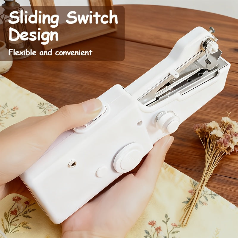 Compact Handheld Sewing Machine Kit Portable Battery Powered – Quick Repair Tool with Needles Bobbins Thread Spool Needle Threader and Fabric Sample for Clothes Garments Curtains and DIY Sewing Projects – White or Black