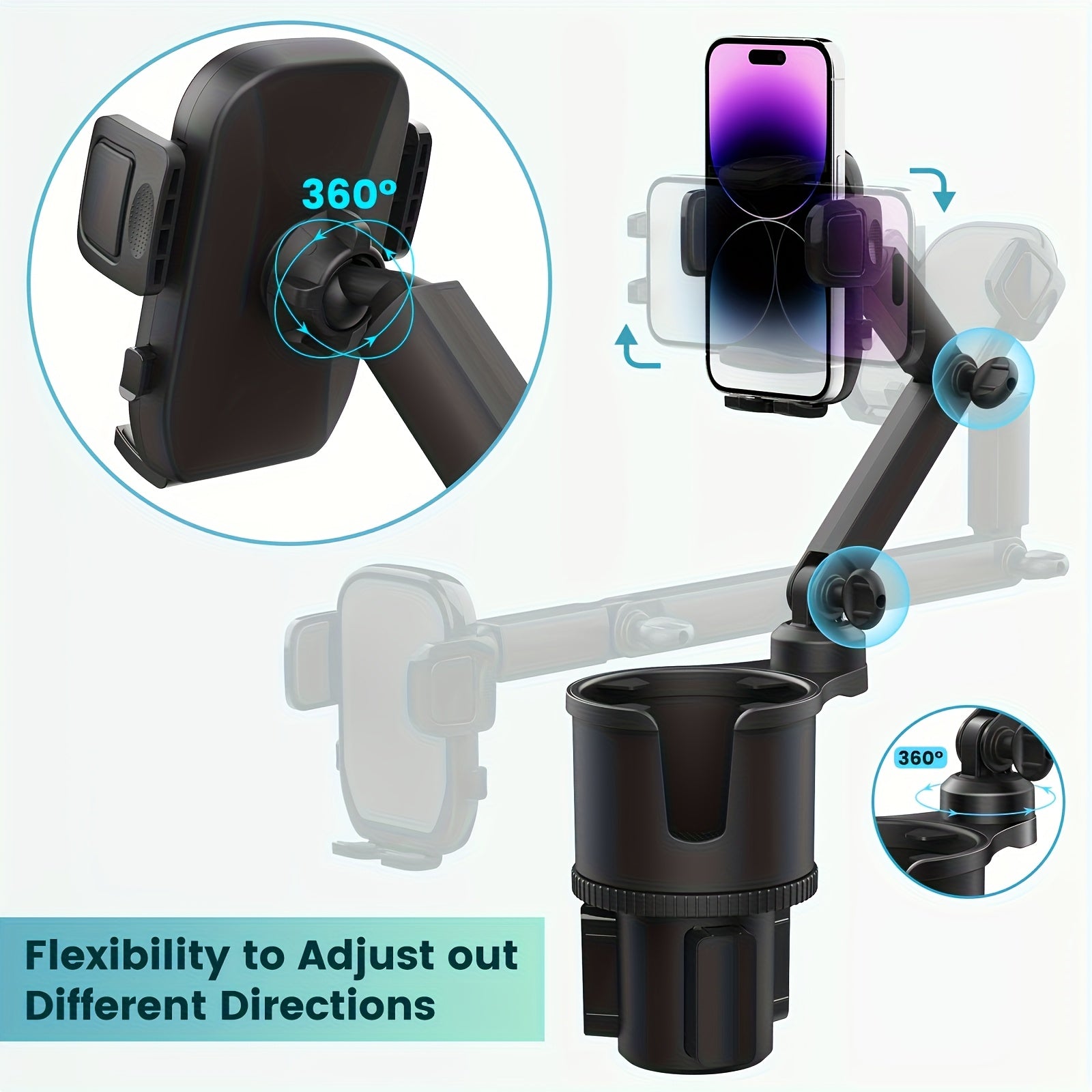 Car Phone Cup Holder Mount 2-in-1 Swivel 360° Rotation Universal Fit for Cars SUVs Trucks with Shock Absorption Trim - Black Extender