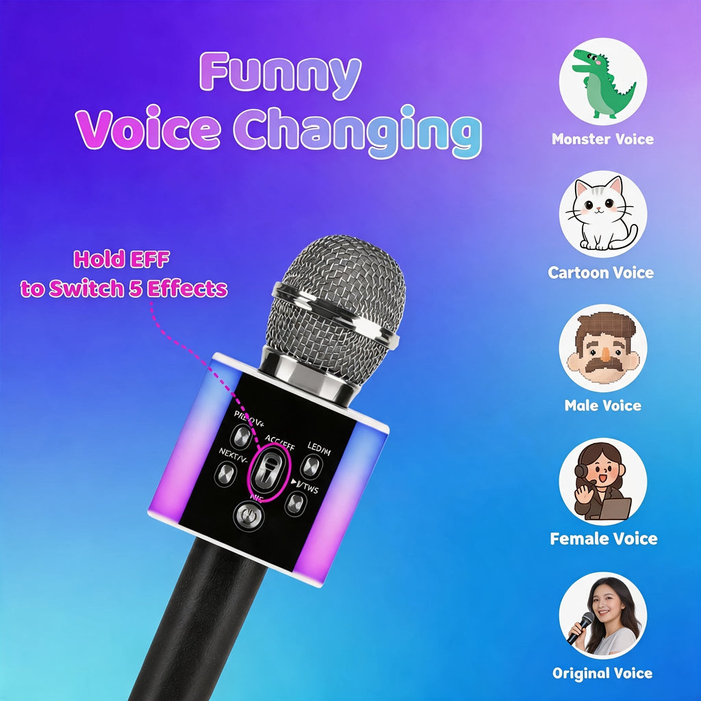 5-in-1 Wireless Karaoke Microphone with Built-In Speaker, LED Lights & Voice Changer – Portable Bluetooth Singing Mic for Parties, Family Gatherings, Travel & Outdoor Fun, 10 Colors