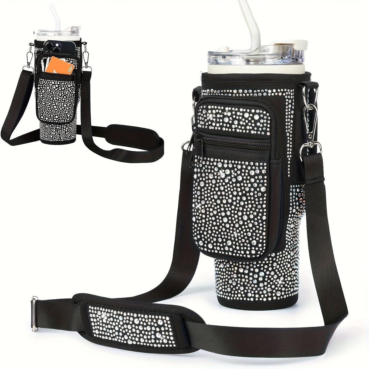 Neoprene Tumbler Carrier Bag with Phone Pocket & Adjustable Shoulder Strap – Fits 30 & 40 oz Tumblers, Clip-On Water Bottle Holder for Hiking, Camping & Outdoor Sports, 4 Colors