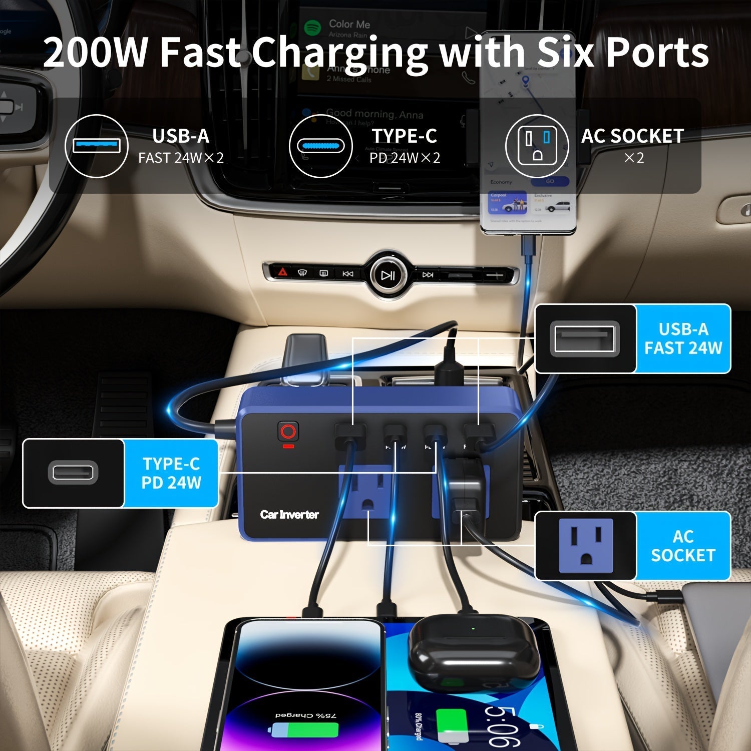 200W Car Power Inverter DC 12V to AC 110V with USB-C PD 24W QC3.0 Fast Charge Dual USB-A 4-Port Vehicle Outlet Adapter for Laptop Phone MacBook iPad Camping Road Trip Travel