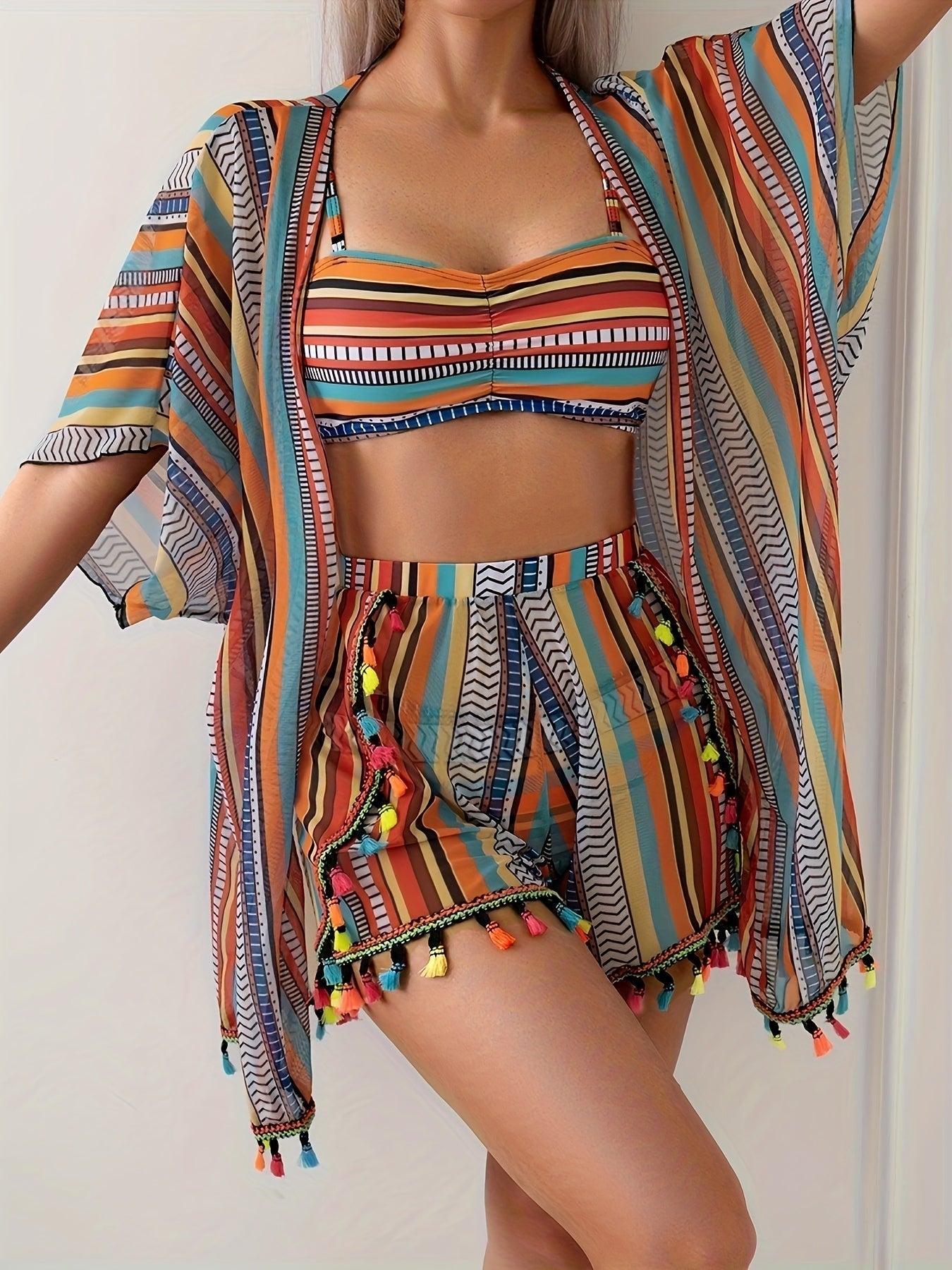 Women's 3-Piece Bikini Set Long Sleeve Cover-Up Sexy Print Stretchy Non-Transparent Polyester Beach Pool Resort Vacation Swimwear S M L XL Multicolor