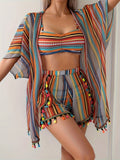 Women's 3-Piece Bikini Set Long Sleeve Cover-Up Sexy Print Stretchy Non-Transparent Polyester Beach Pool Resort Vacation Swimwear S M L XL Multicolor