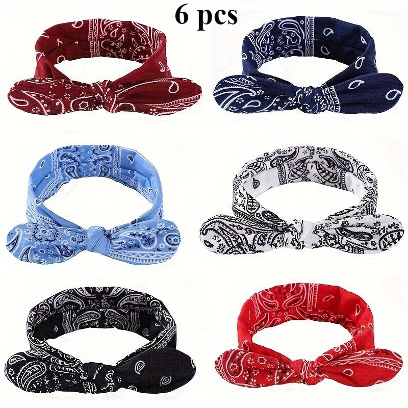 6-Pack Bohemian Paisley Bow Elastic Headbands for Women – Cashew Flower Loose Elastic Headscarves 6 Colors Sky Blue Black Navy Wine Red White Red All Seasons Sports Daily Wear Gift
