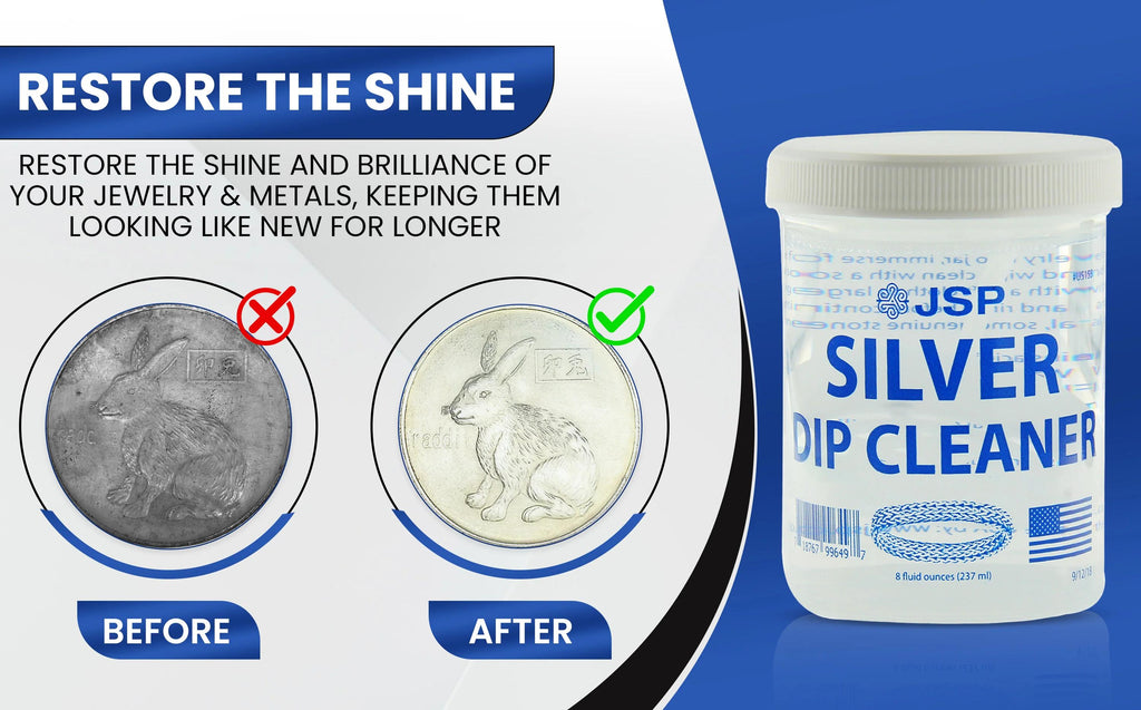 JSP Silver Dip Cleaner & Tarnish Remover 8oz Kit – 925 & 999 Sterling Silver Jewelry Cleaning Solution with Basket & Microfiber Cloth, Restores Shine