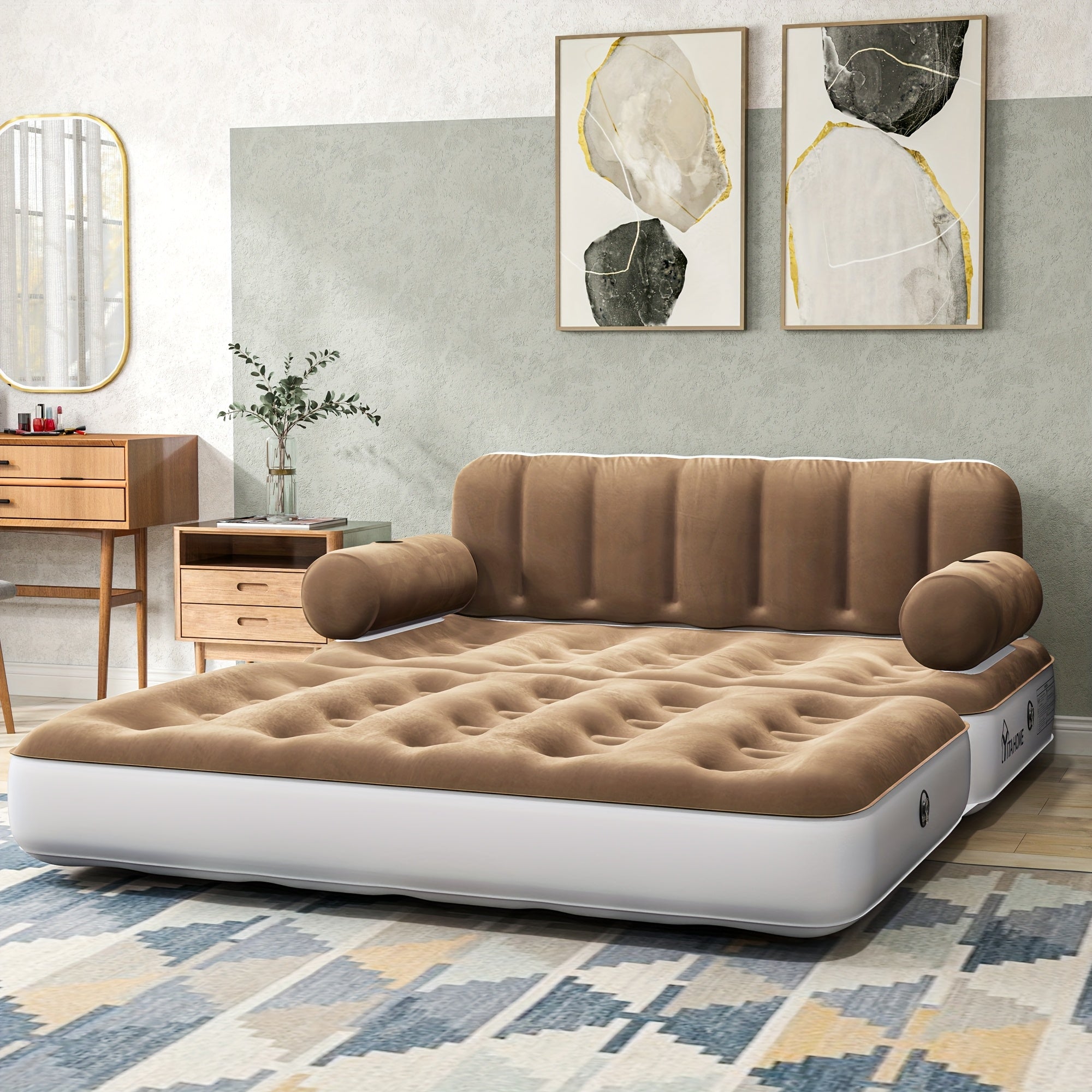 Inflatable Air Sofa Bed 2-in-1 Queen Size – Portable Blow Up Couch & Airbed with Headboard, Cup Holders, External Pump & Storage Bag, 440 lb Capacity for Home, Camping, Guests & Dorms