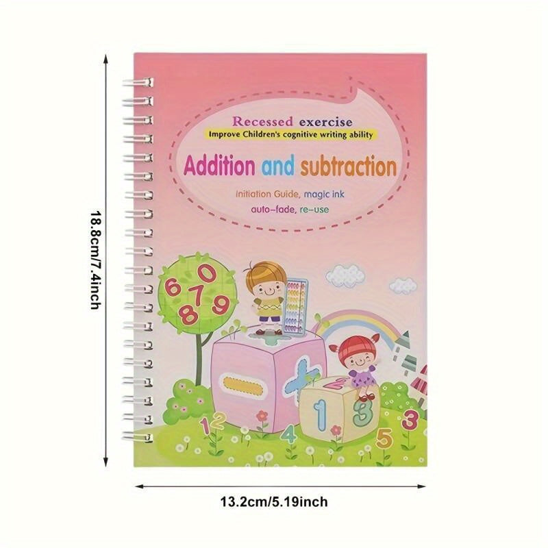 Magic Reusable Calligraphy Handwriting Exercise Books 4-Pack with Water Pen and 8 Refills Kids Writing Tracing Practice Set Mess-Free Eco-Friendly Christmas Birthday Gift for Children
