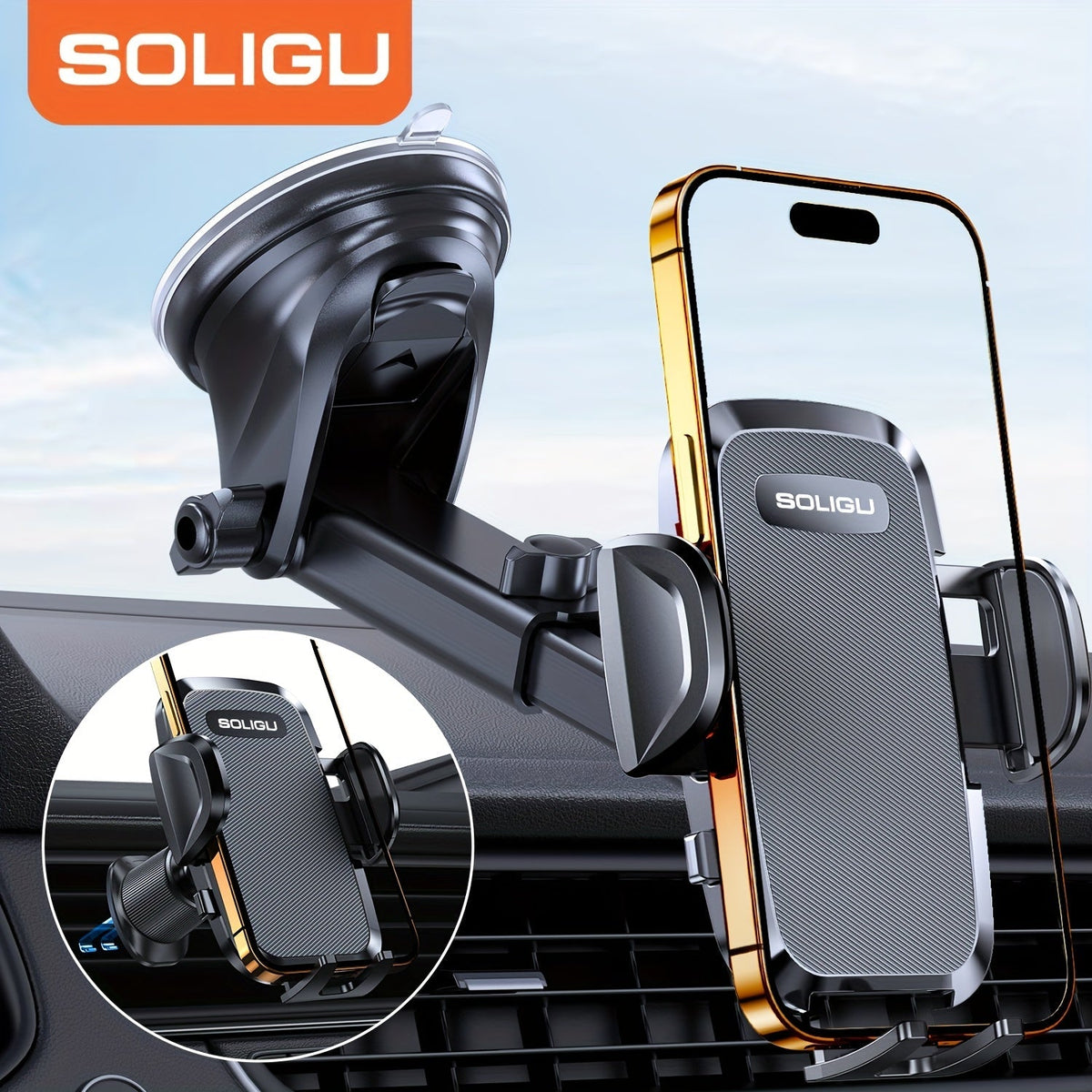 3-in-1 Car Phone Mount – Super Suction Dashboard & Air Vent Holder with Telescopic Arm, Adjustable Cradle & Quick Release for All Phones, Durable Metal Hooks