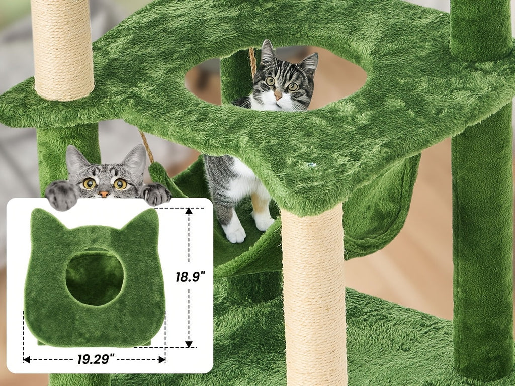 55 Inch Cat Tree for Indoor Cats with Green Leaves – Multi-Level Large Cat Tower with Hammock Sisal Scratching Posts Hanging Ball Toy Cat Furniture for Living Room Bedroom