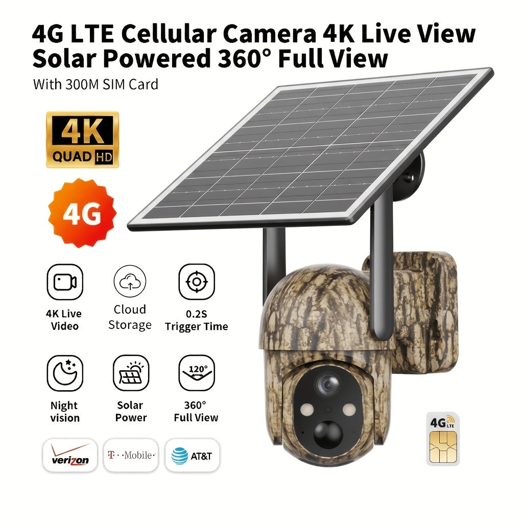 4G LTE Solar Security Camera Outdoor Wireless – No WiFi Needed, 4K Night Vision, 360° Pan/Tilt Live View, Two-Way Audio, Waterproof Trail Camera for Hunting, Farm, Ranch & Wildlife Monitoring