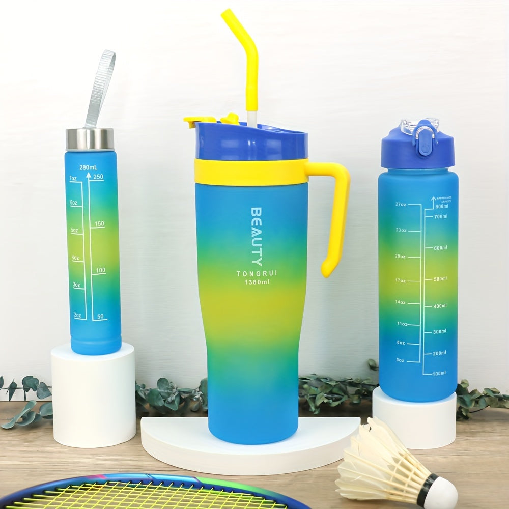 BPA-Free Gradient Water Bottles 5-Piece Set with Straw & Spill-Proof Lid - 46oz 27oz 9oz Leak-Proof Sports Bottles for Gym Travel Outdoor