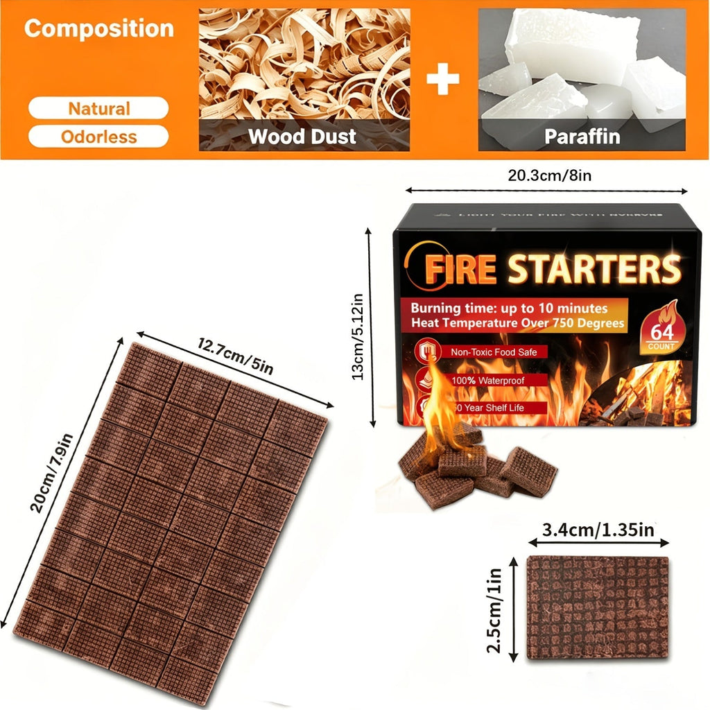 Waterproof Odorless Fire Starter Squares Bulk Pack – 6-Minute Burn Charcoal Firestarter Cubes for Campfire BBQ Grill Fireplace Wood Stove Fire Pit, No Kindling Needed, 32 64 128 192 Piece Options