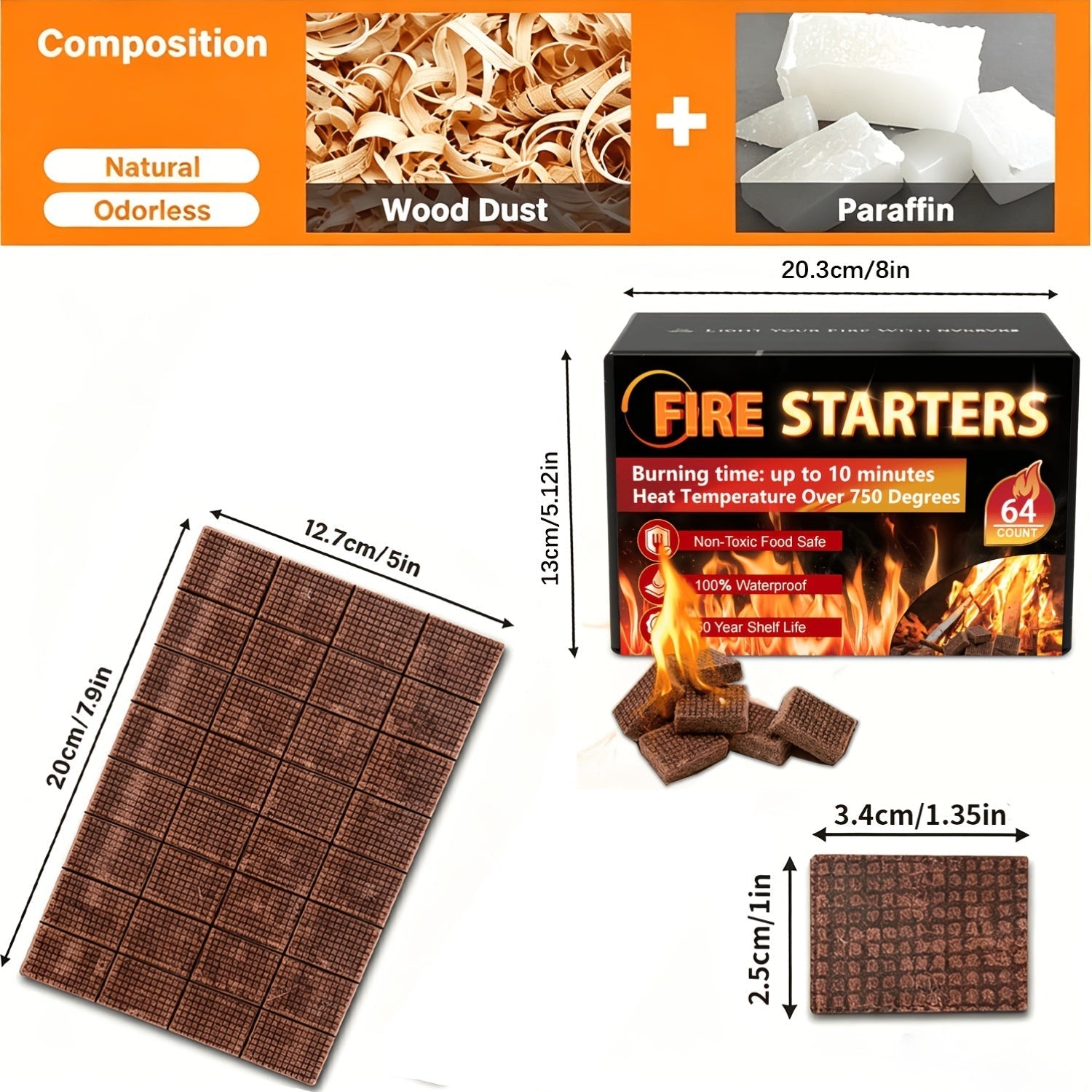 Waterproof Odorless Fire Starter Squares Bulk Pack – 6-Minute Burn Charcoal Firestarter Cubes for Campfire BBQ Grill Fireplace Wood Stove Fire Pit, No Kindling Needed, 32 64 128 192 Piece Options