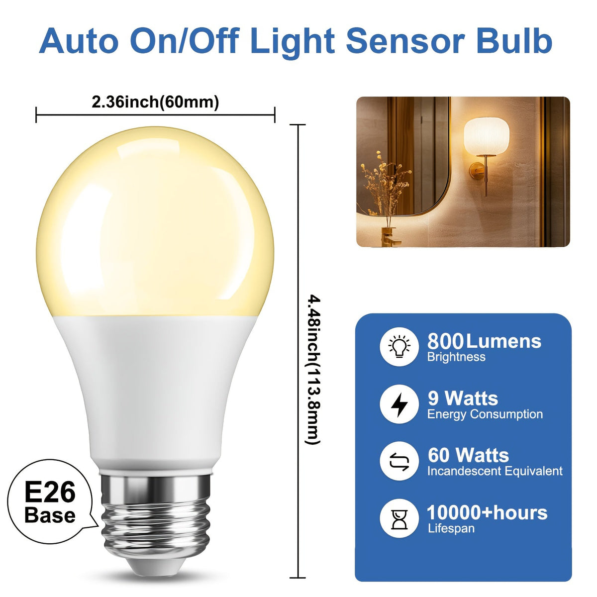 Dusk to Dawn LED Bulbs 6 & 12 Pack – 9W 60W Equivalent E26 Base, Auto On/Off Light Sensor, 5000K Daylight & 2700K Warm White, Energy Saving Indoor Outdoor Lighting
