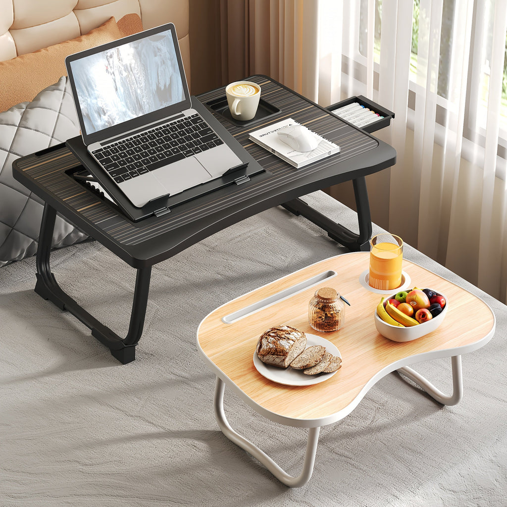 Foldable Laptop Desk Portable Bed Desk with Cup Holder Tablet Slot Fiberboard Lap Desk for Work Study Drawing Gaming Dining in Bed Sofa Floor Black and Walnut Home Office Gift