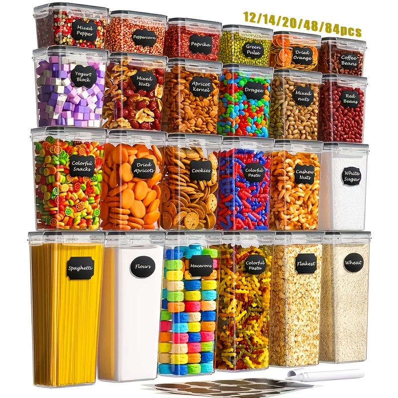 Airtight Food Storage Containers Set with Flip Lids, Labels & Marker – BPA-Free Plastic Pantry Organizer Boxes for Kitchen, Travel & Picnic, Fresh-Keeping Container Set in 12/14/20/48/84 Piece Options
