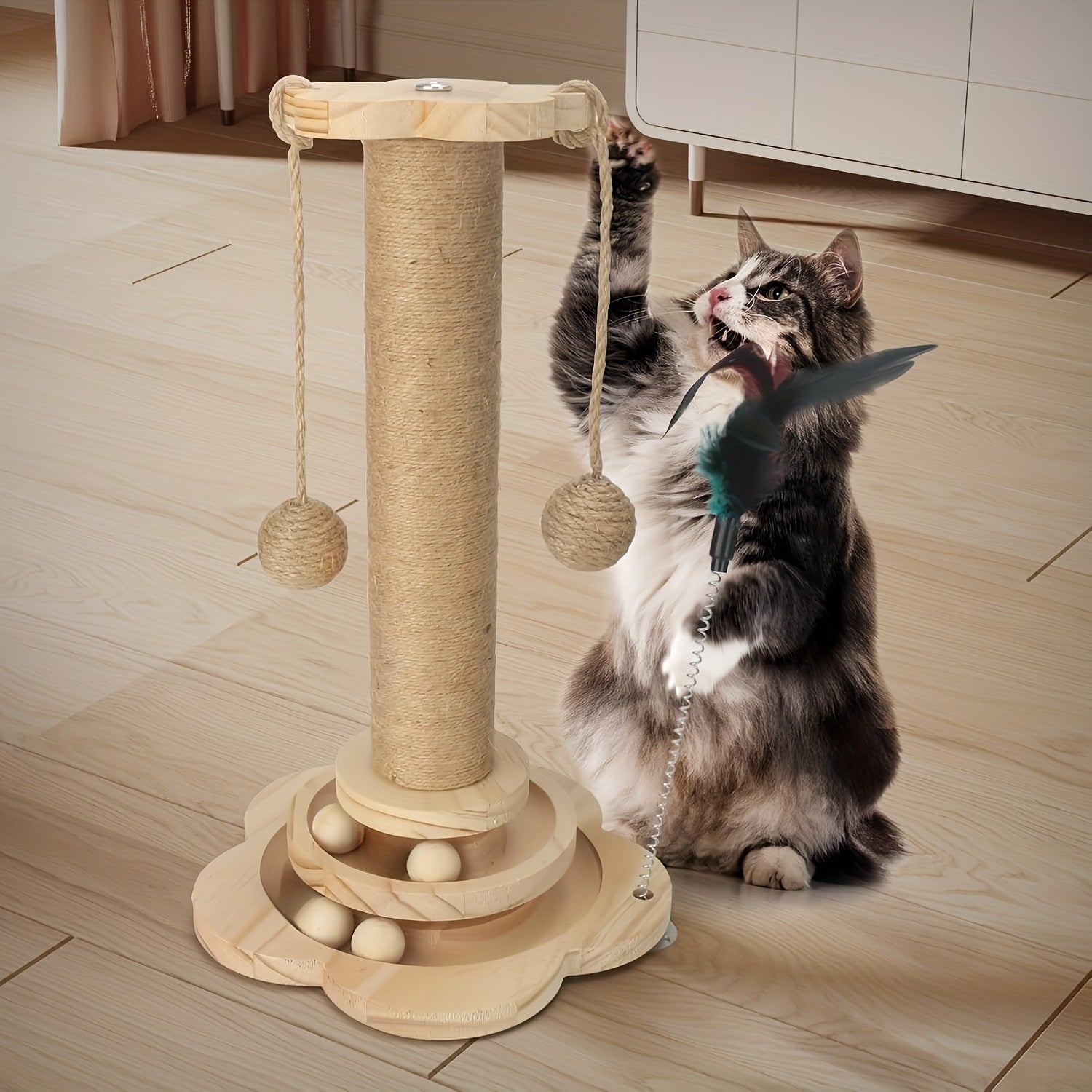 Wooden Cat Scratching Post 5-in-1 Solid Pine Base Tall Sisal Post 2-Level Track Ball Feather Toy Hanging Balls No-Debris Indoor Cat Activity Center Kittens Adults