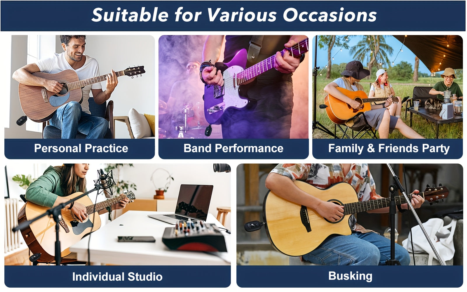 A8 Wireless Guitar System with Built-In Rechargeable Transmitter & Receiver – Stereo Audio, USB Charging, Compatible with Electric Guitar, Bass & Violin, Works with Amplifiers