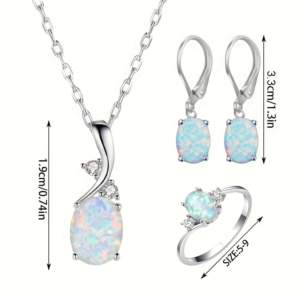 4pcs 925 Sterling Silver Water Drop Opal Jewelry Set for Women – Pendant Necklace, Earrings & Ring, Elegant Boho Party Jewelry Gift Set