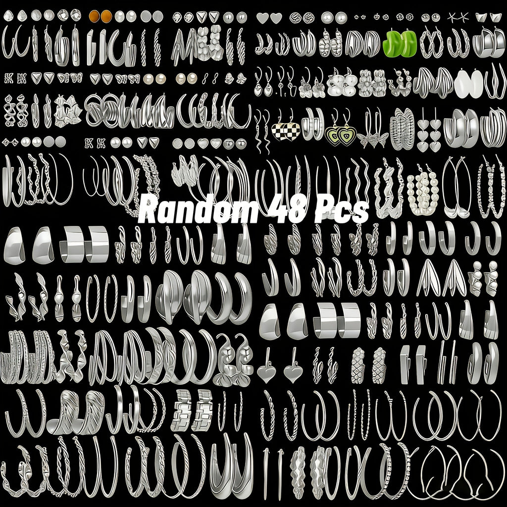 48 Pairs Minimalist Alloy Earrings Bulk Set for Women – Hypoallergenic Stainless Steel Ear Needles Assorted Studs Hoops Geometric Styles Daily Wear Holiday Party Favor Gift for Girls Teens